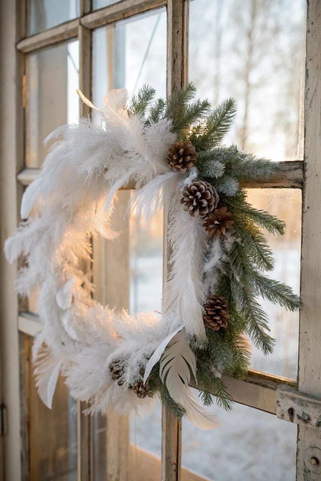 The use of feathers gives seasonal garland designs a whimsical and ethereal feel.