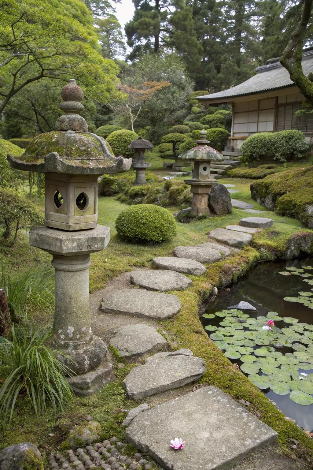 Wabi-sabi elements illustrating imperfection within a Japanese garden.