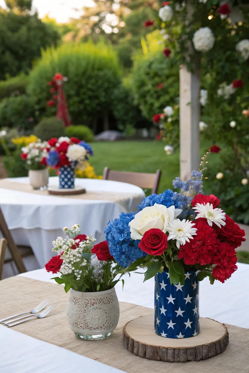 Patriotic centerpieces presenting colored flowers.