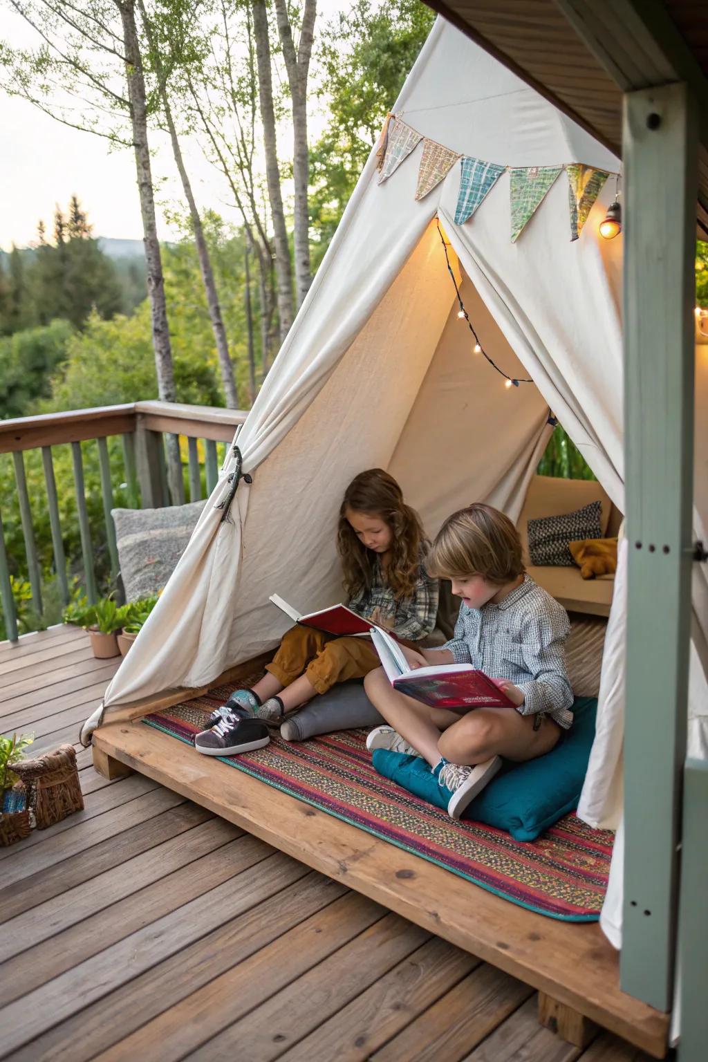 A deck featuring a welcoming play tent where kids are engrossed in reading books.