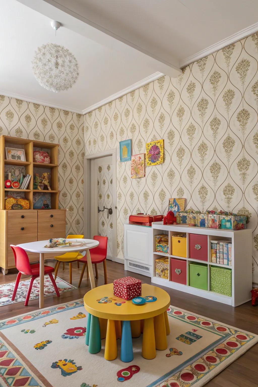 A playroom with vintage-inspired wallpaper offers a timeless aesthetic.