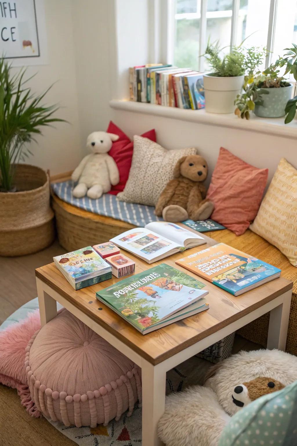 A storytelling table, a cozy corner for book lovers.
