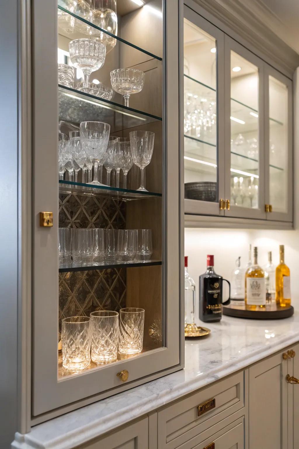 Glass doors add sophistication and openness to this bar cabinet.