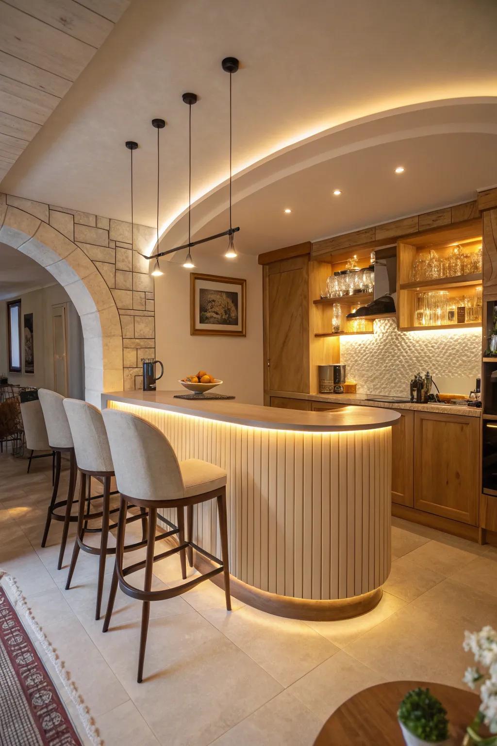 Kitchen bars benefit from the welcoming atmosphere created by curved designs.