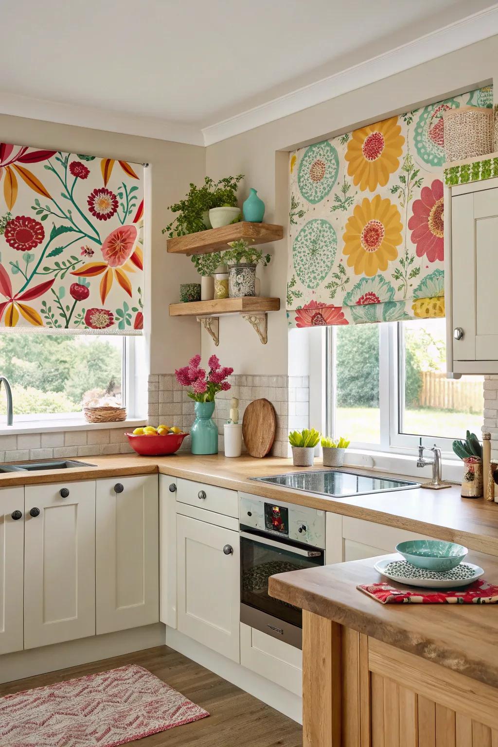 Cheerful kitchen with playful printed shades