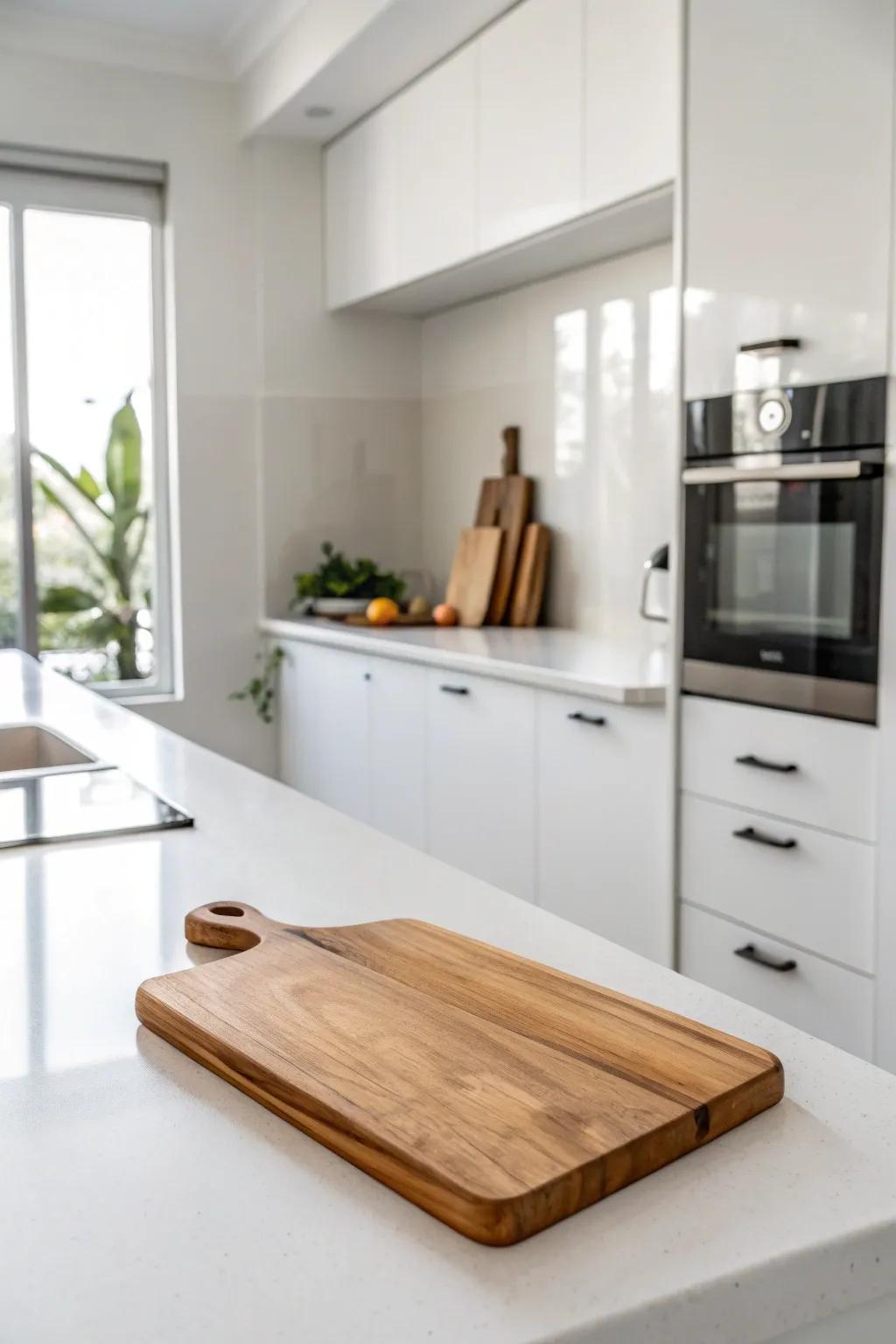 A minimalist display featuring a single chopping surface showcases elegance and simplicity.