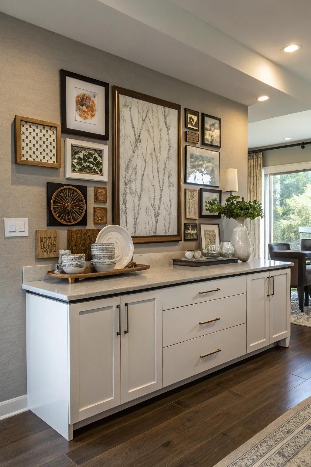 Layered wall art above the credenza adds depth and style.