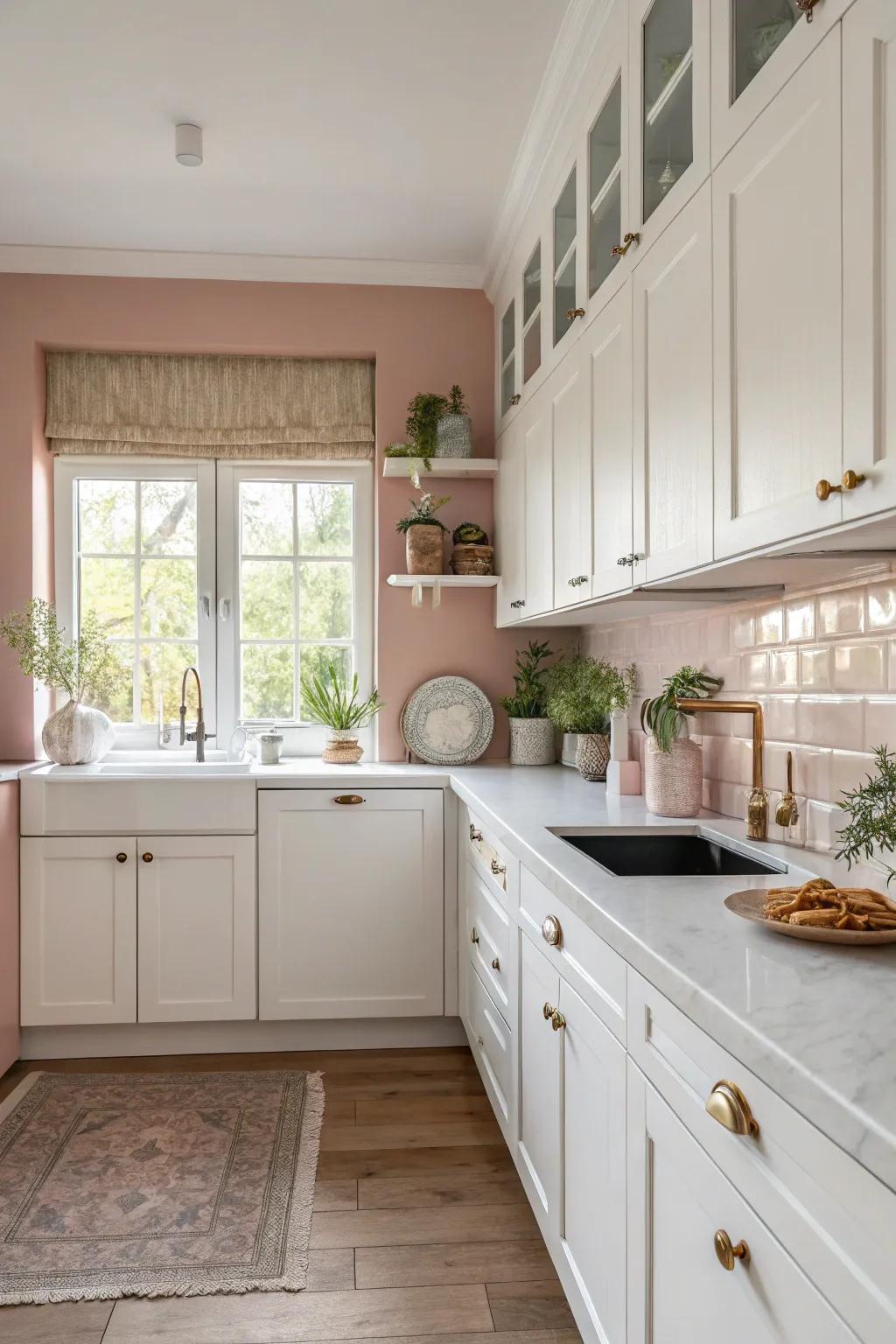 Blush pink walls offer a soft and sophisticated aesthetic.