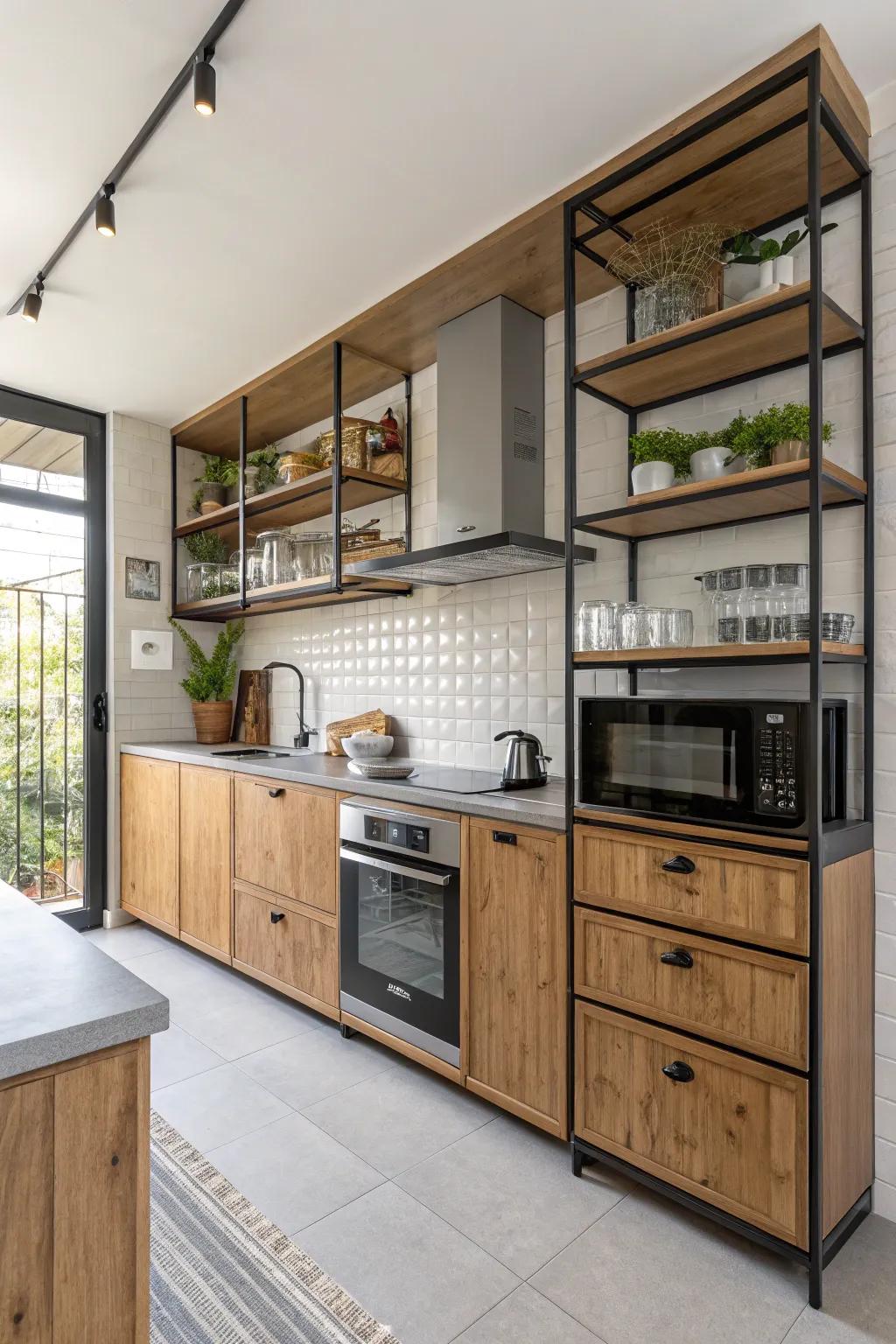 A modular strategy employing blended shelving can cultivate a vibrant kitchen environment.