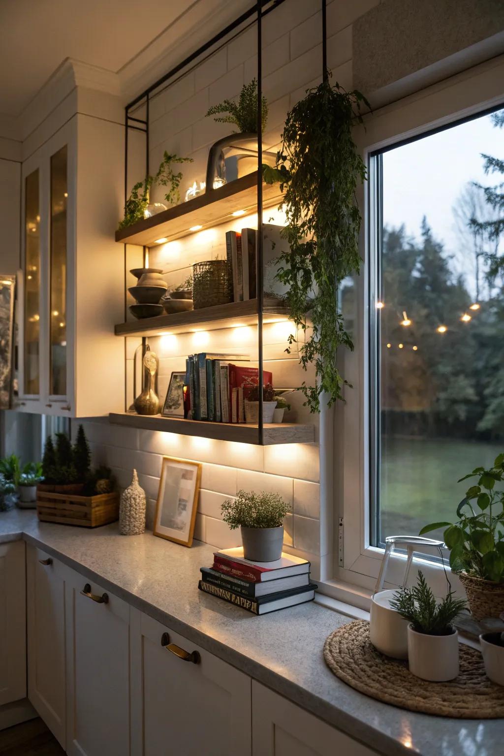 Under-shelf illumination crafts a cozy and magical ambiance in the kitchen.
