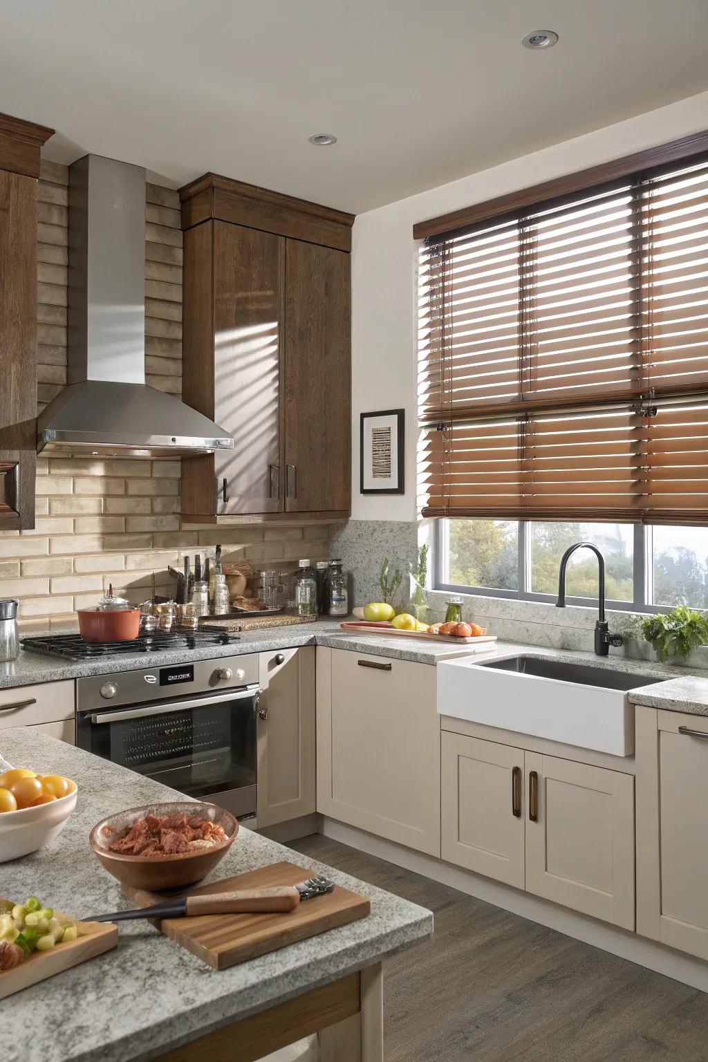 Imitation arboreal blinds offer resilience and style ideal for kitchens.