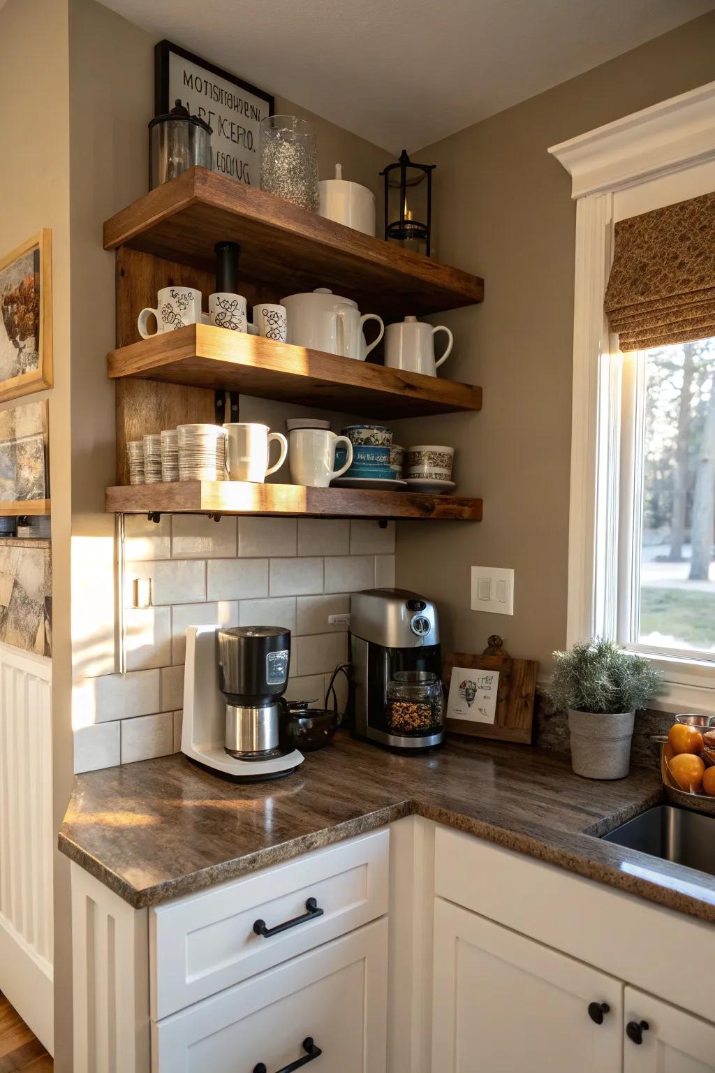 A snug beverage nook with floating shelves is both inviting and practical.