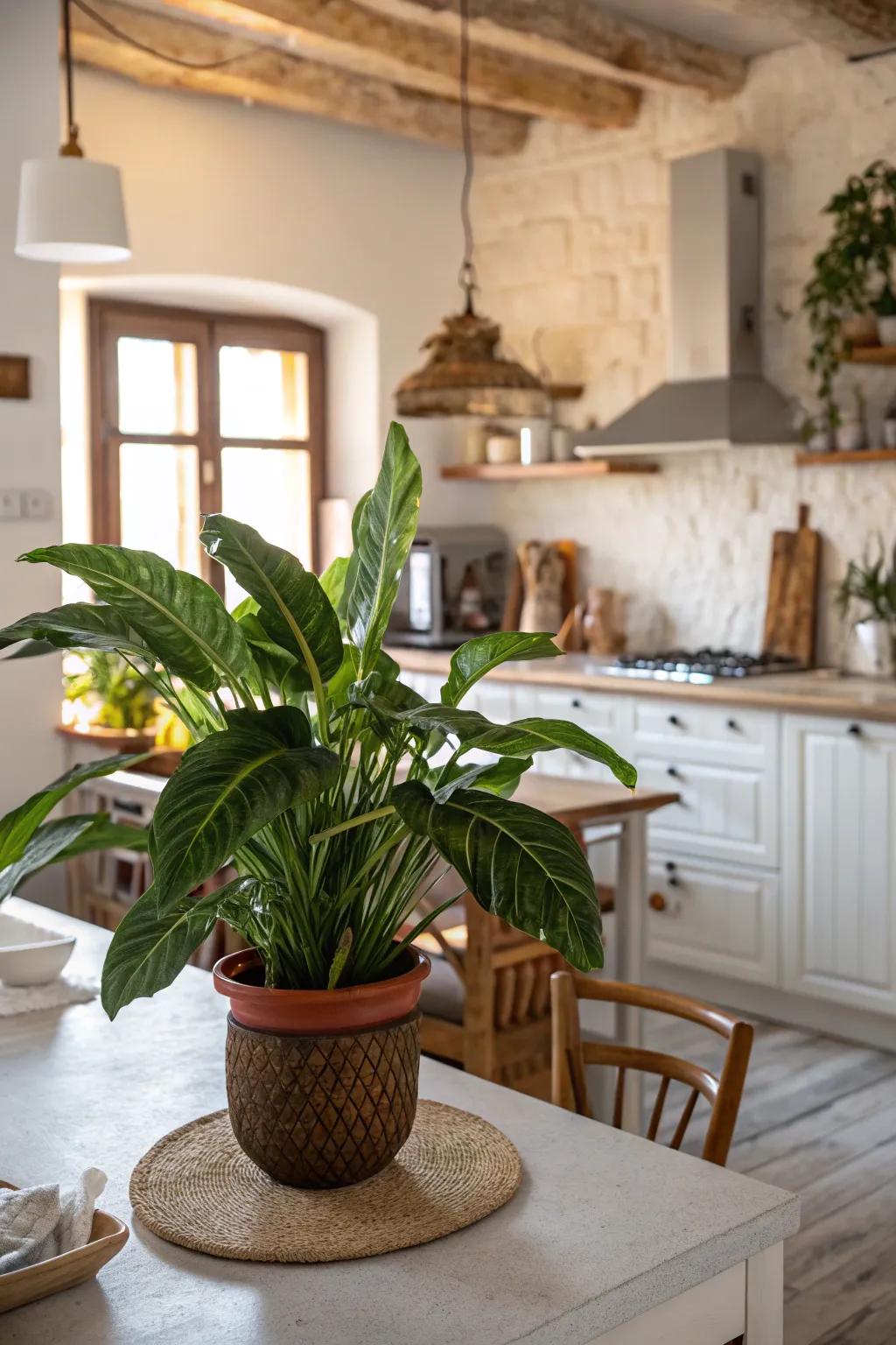 Create a bold statement with a prominent plant centerpiece.