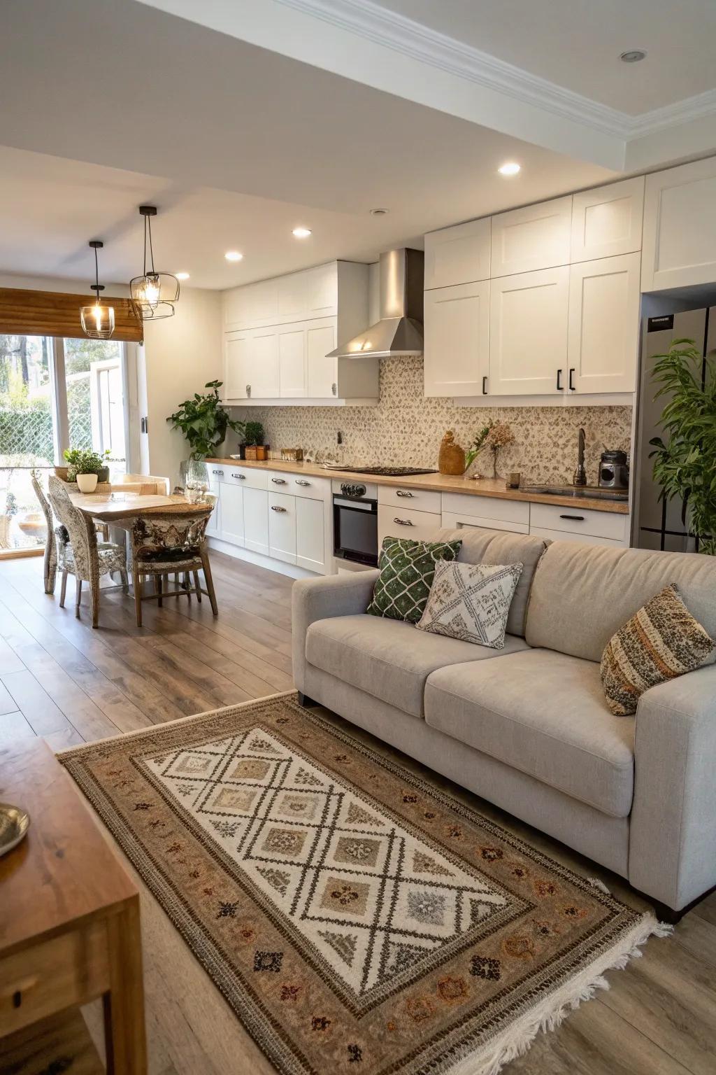 A kitchen featuring a sofa space defined by a vibrant floor covering, creating distinct zones within the room.