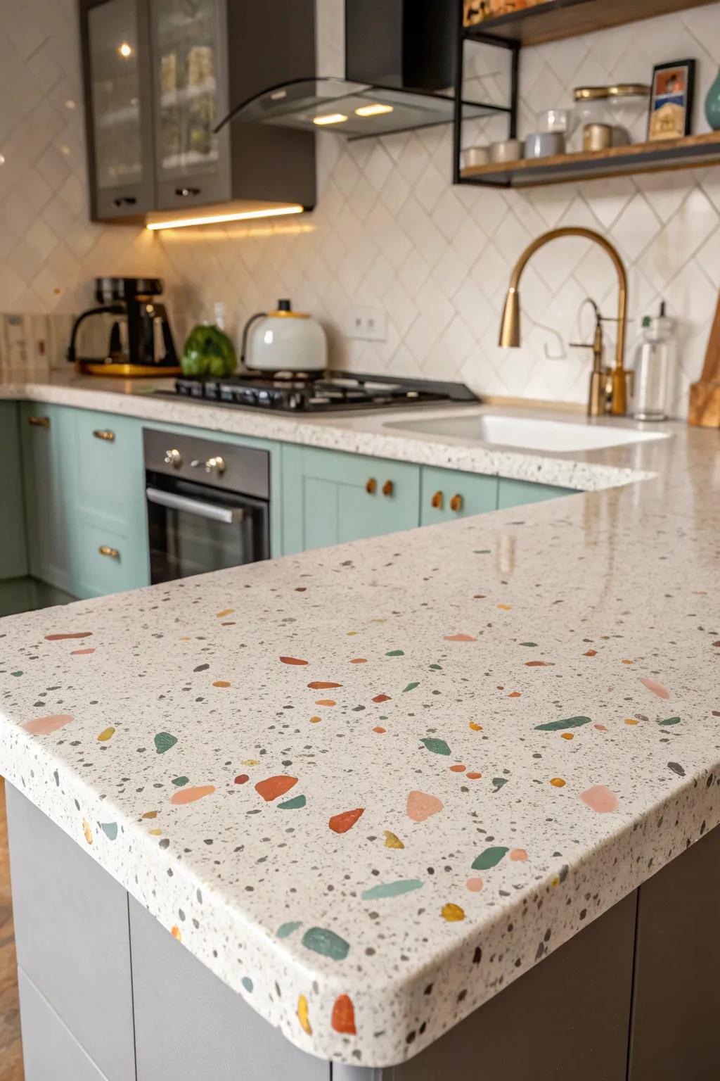Terrazzo countertops intermingle individuality with sturdiness.