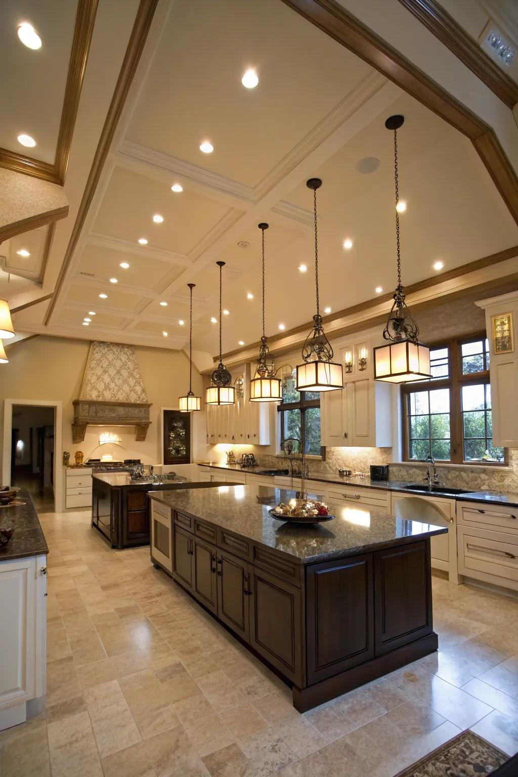 Tiered illumination enhances both function and atmosphere in the kitchen.