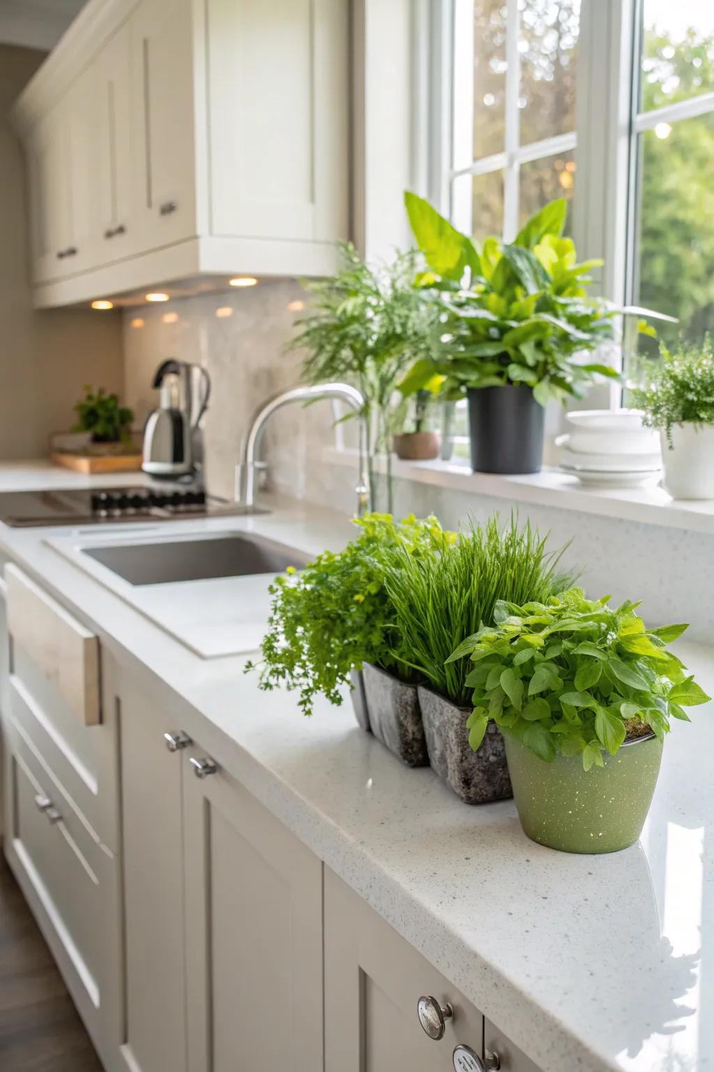 Eco-friendly quartz worktops in a sustainable kitchen design.
