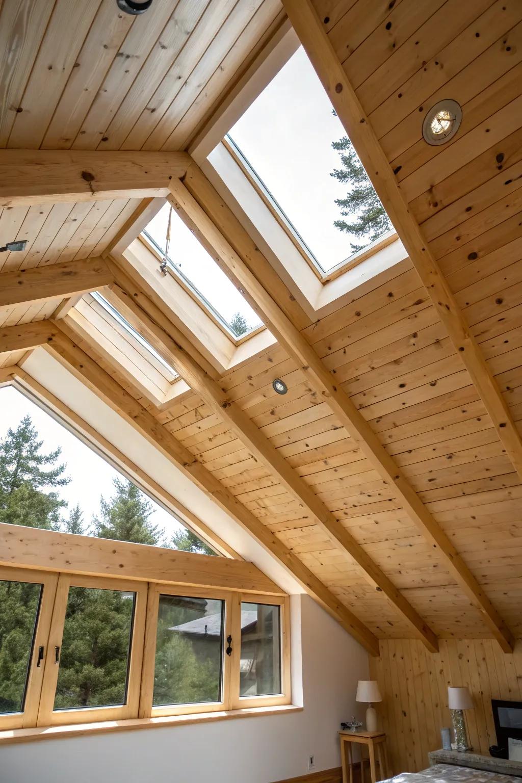 A luminous room where skylights enhance the attraction of a pine clad ceiling.