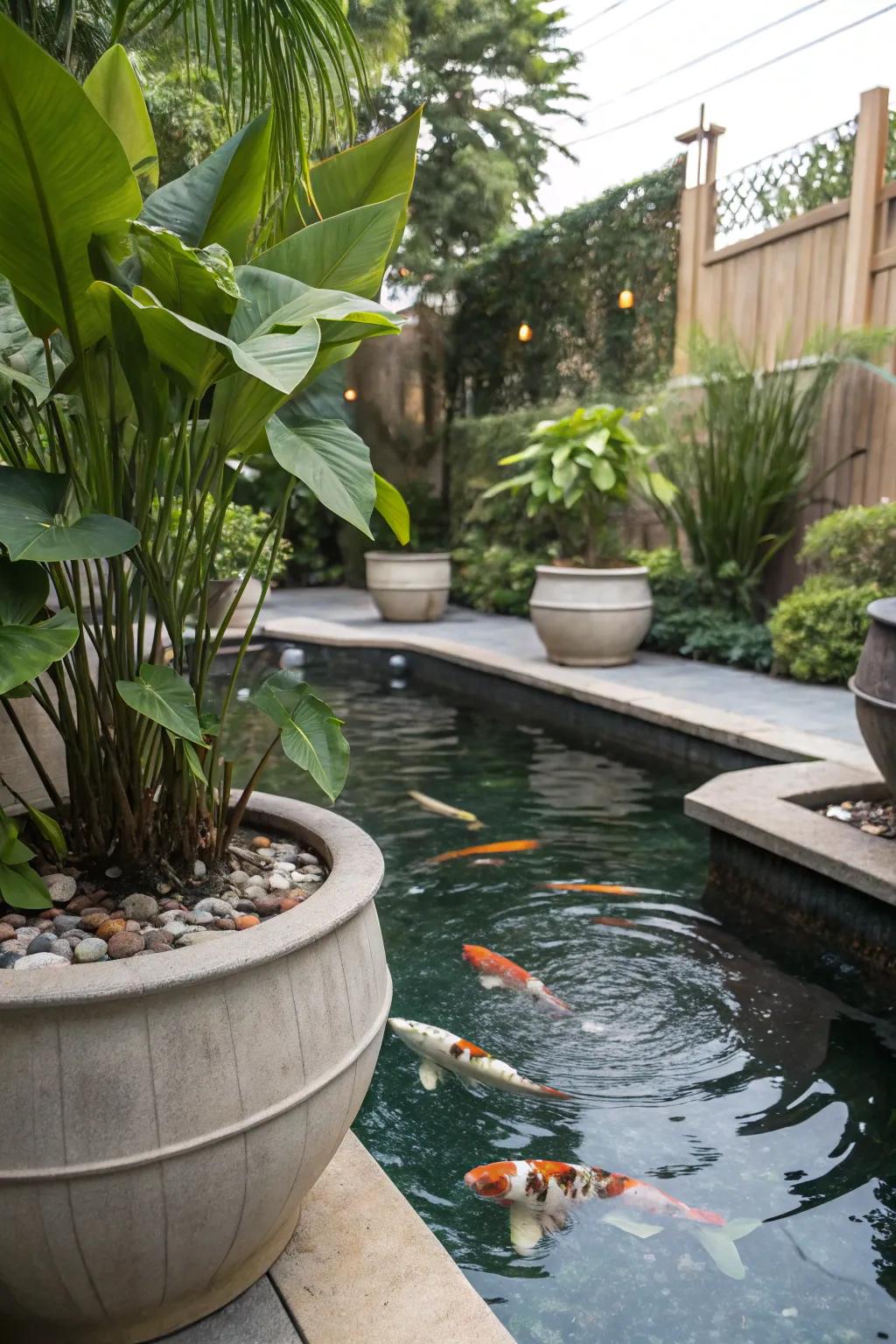 Container plants add shade that is easy to reposition around a koi pond.