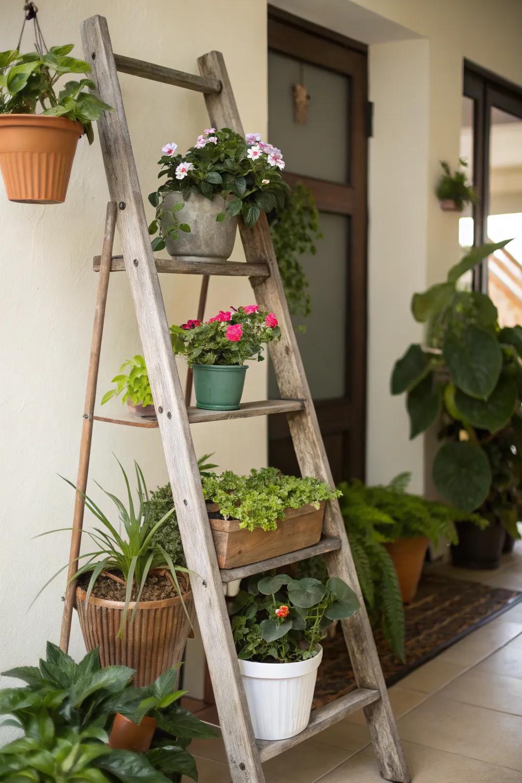 A ladder flora stand showcases greenery beautifully.
