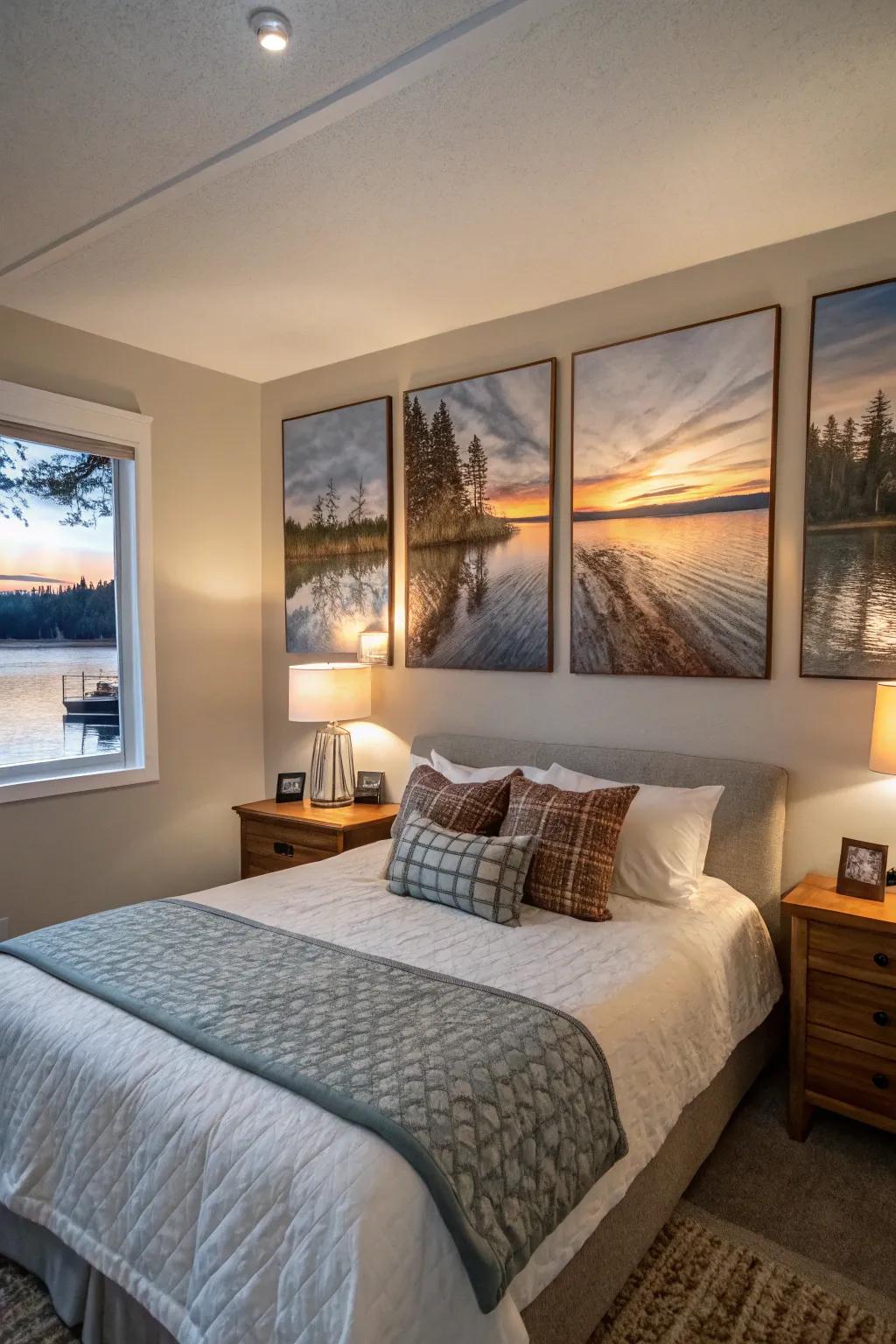 Art celebrating lake living elevates the bedroom's aesthetic.