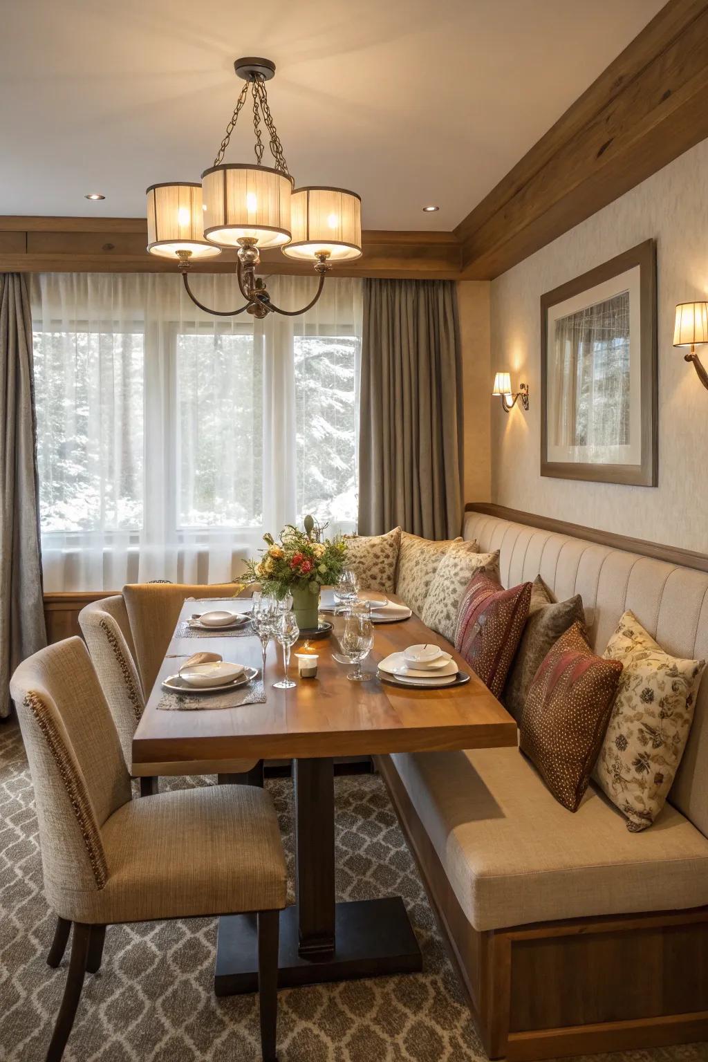 Bench seating conserves space and imparts a cozy accent.