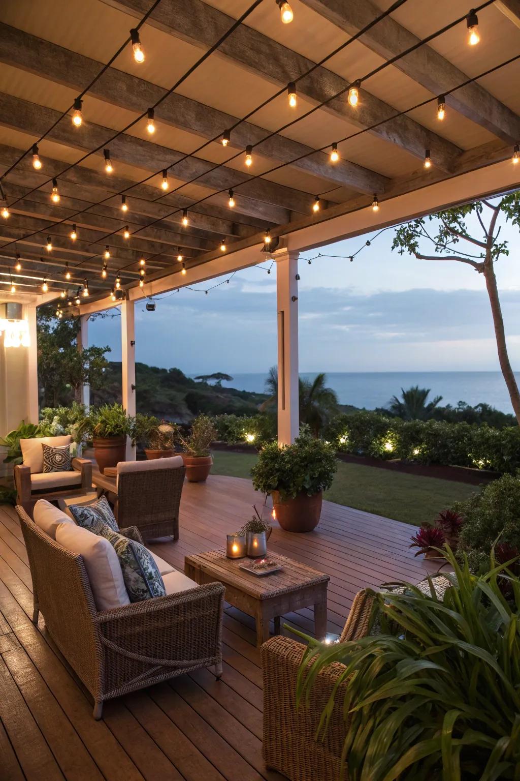 Alluring illumination incorporates a magical dimension to this lanai.