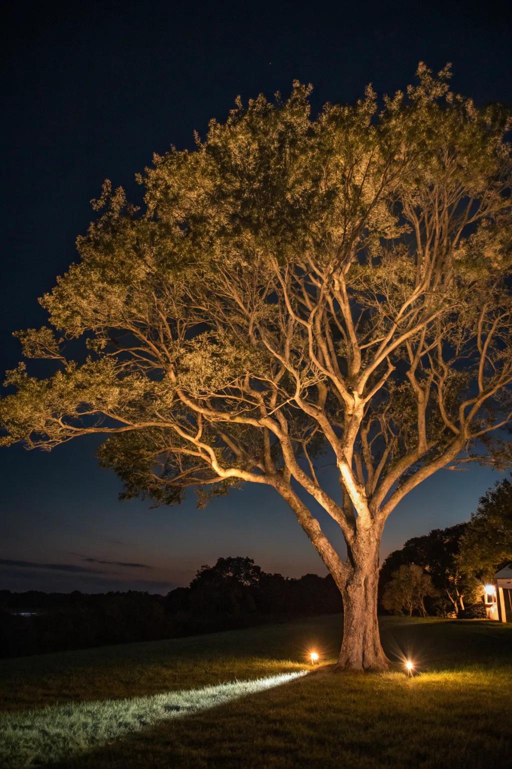 Evening illumination transforms trees into impressive nighttime displays.