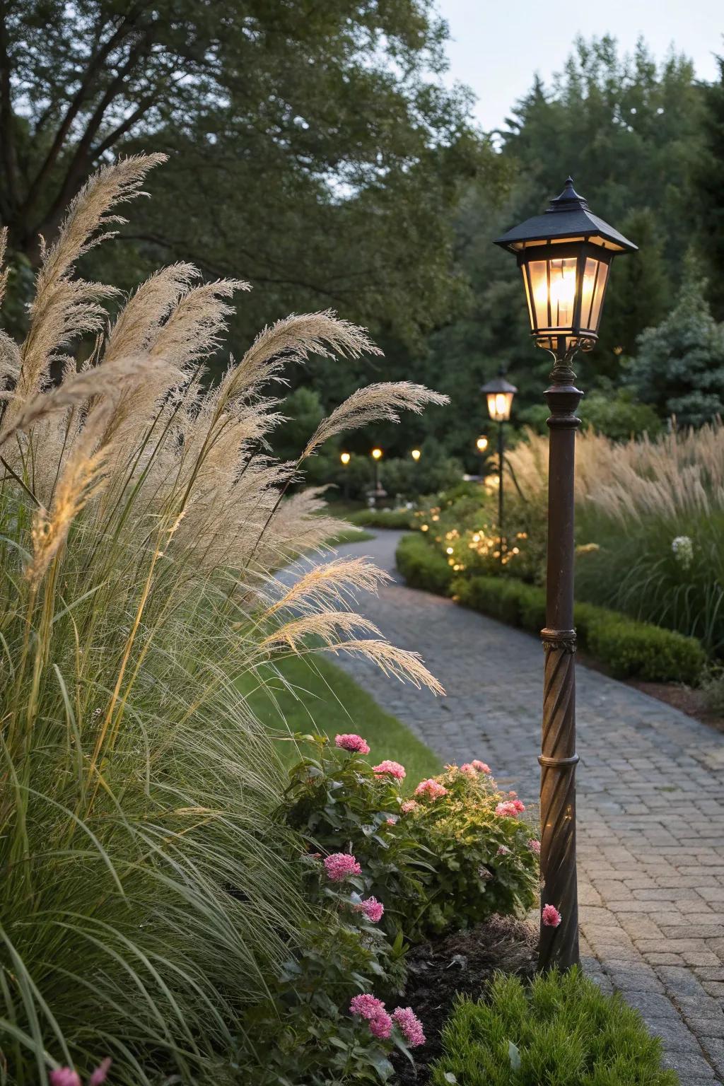 Decorative grasses appending texture to a lamp post landscape.
