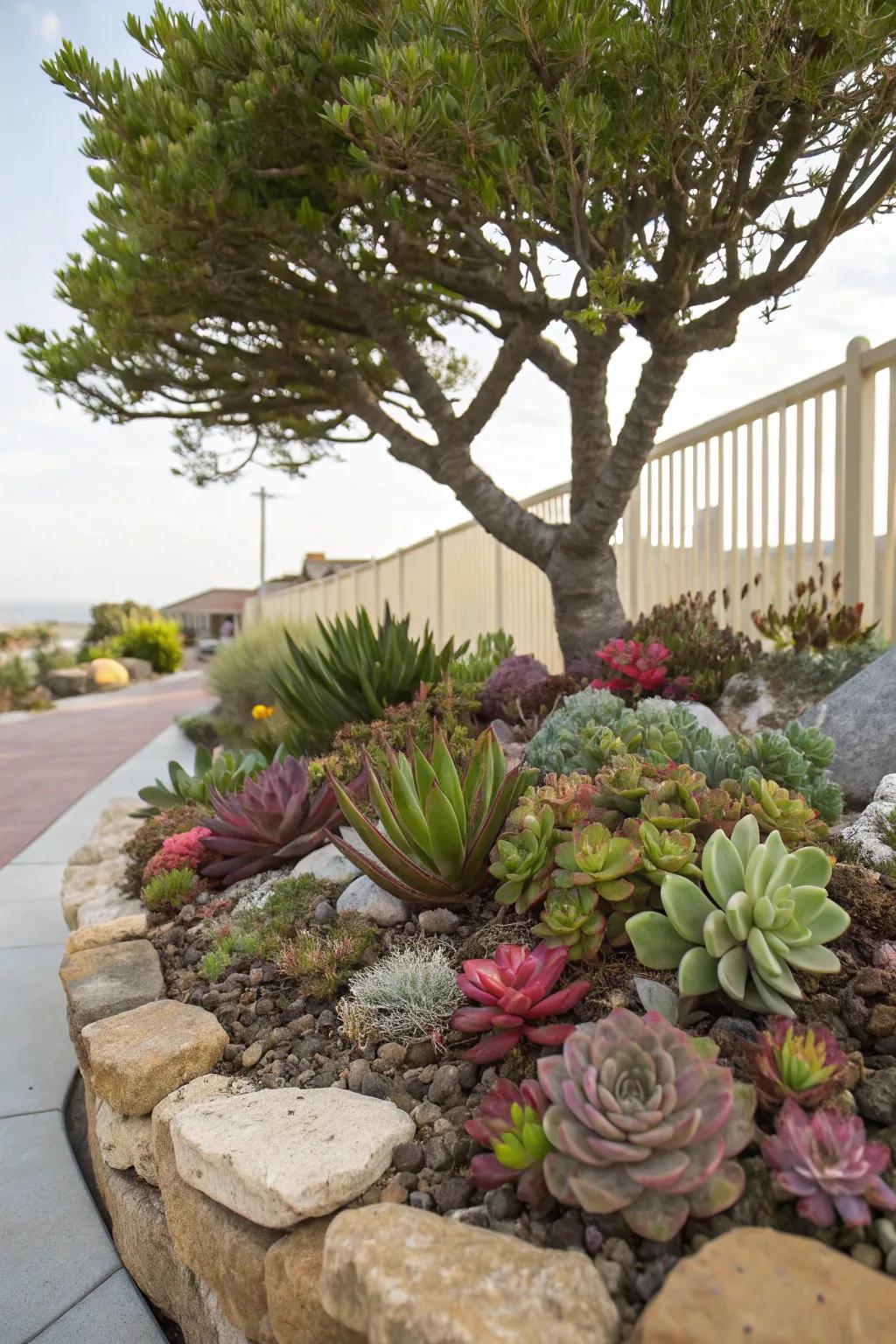 Thriving greenery enriches the textures and introduces a modern element around trees.