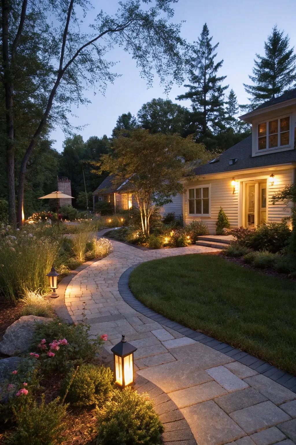 Outdoor lighting beautifully illuminates pathways and highlights garden features.