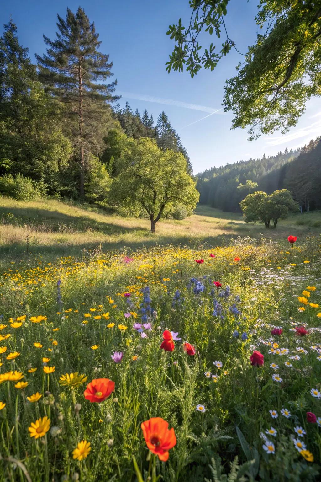 A vibrant wildflower meadow enlivening the forest.