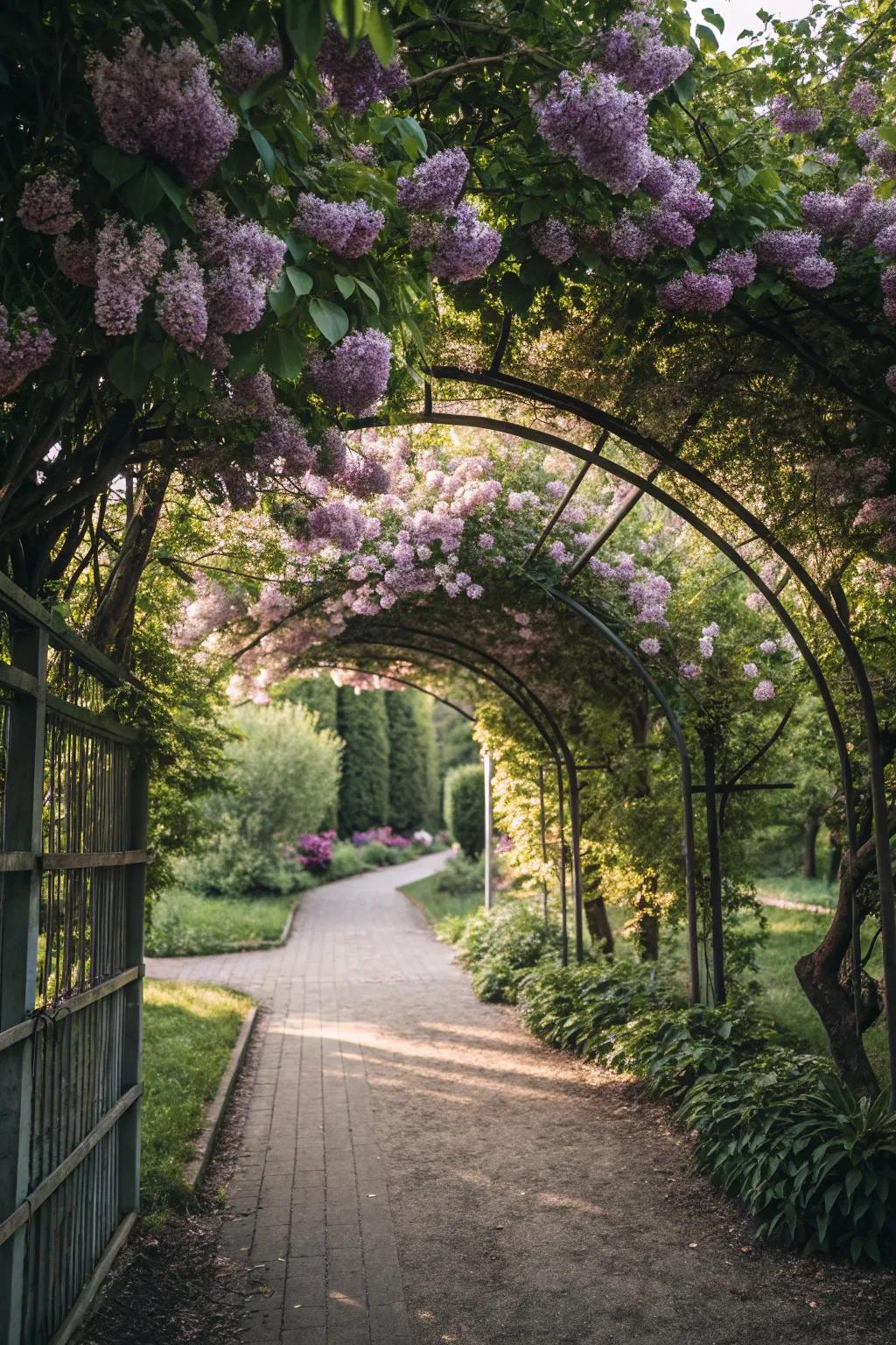 A lilac arborway presents a majestic gateway to the garden.