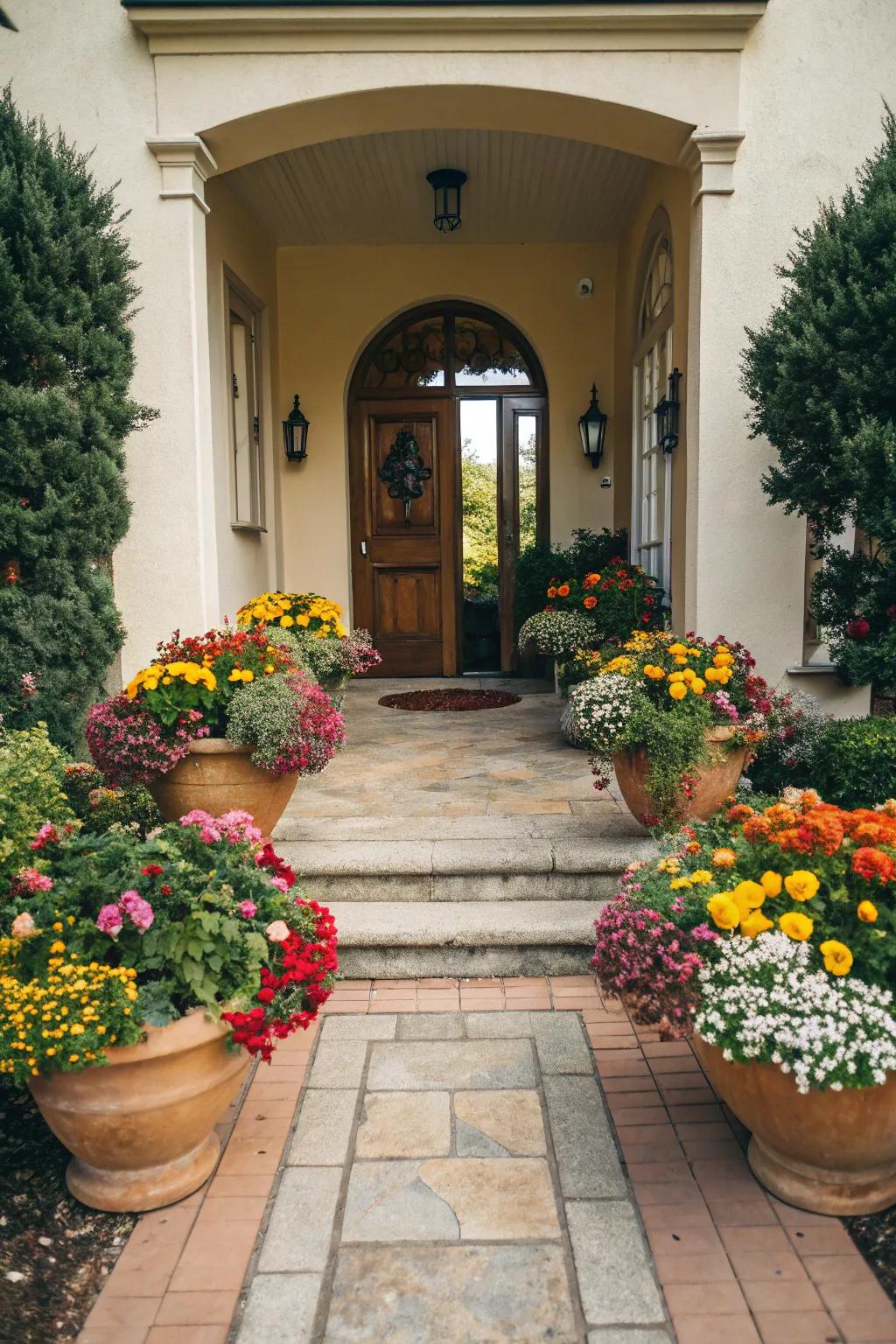 Illuminate your entrances through vibrant pot arrangements.