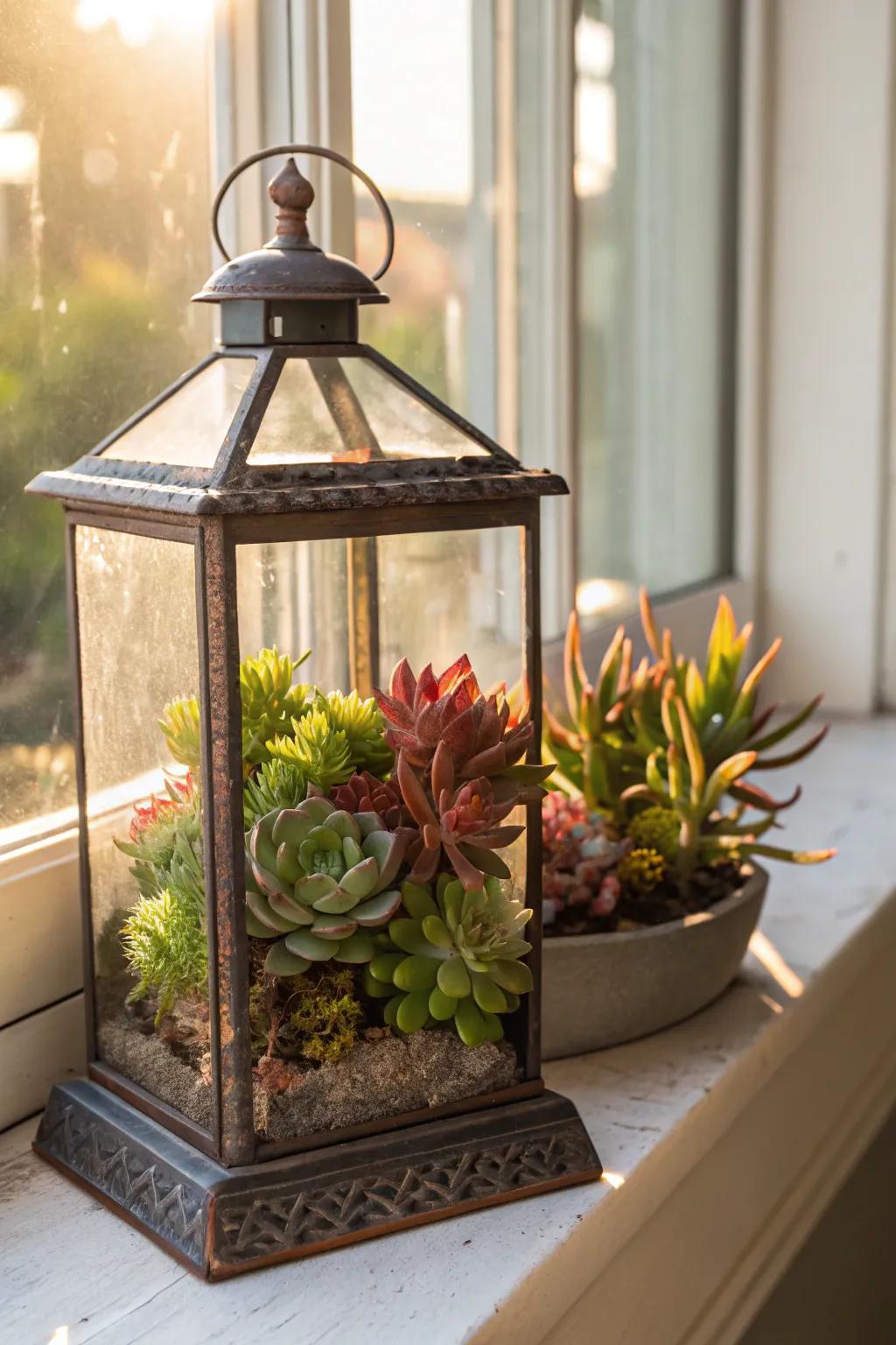 Turn lanterns into unique planters for a green touch.