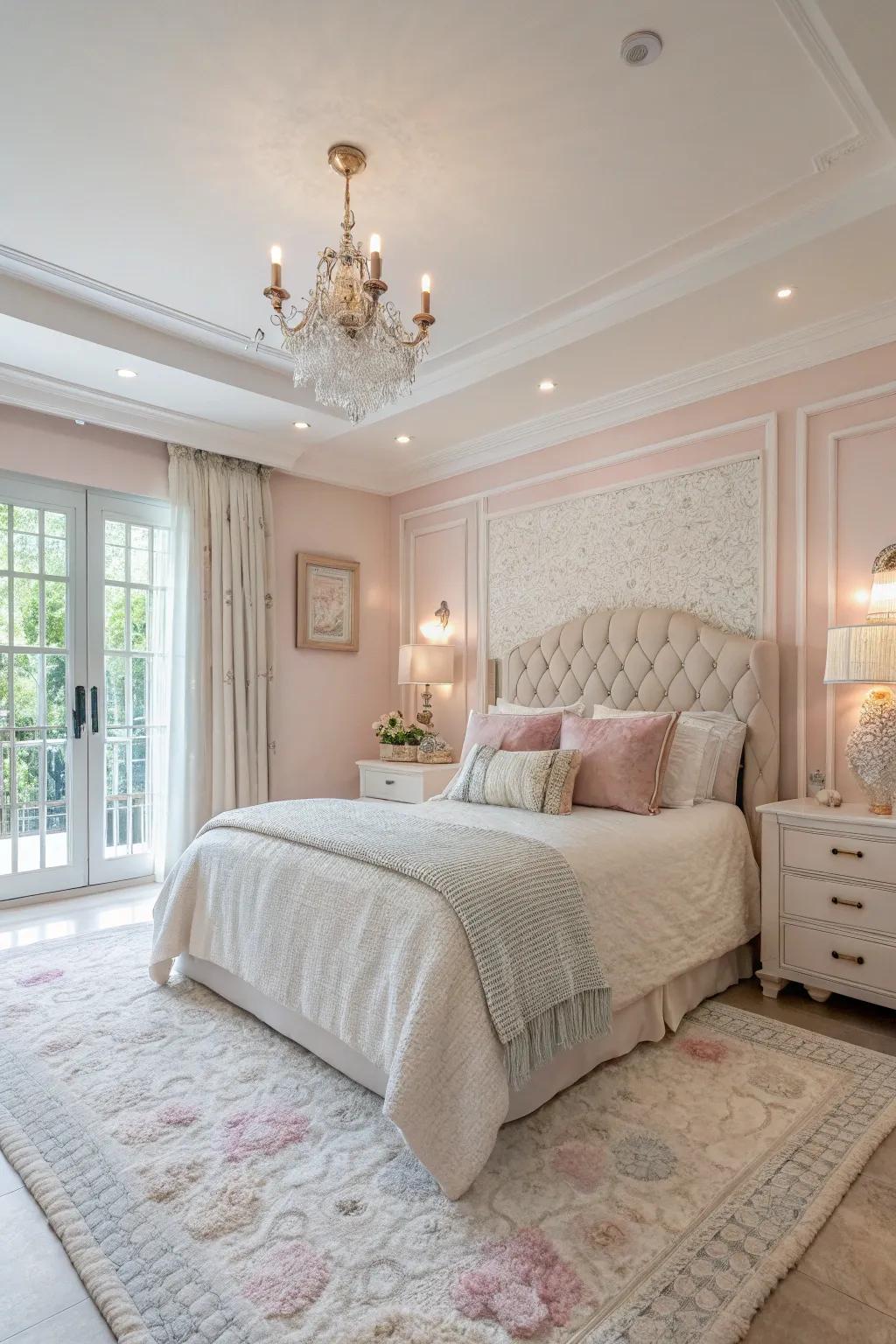 Subdued hues contribute to a peaceful and harmonious environment in this large bedroom.