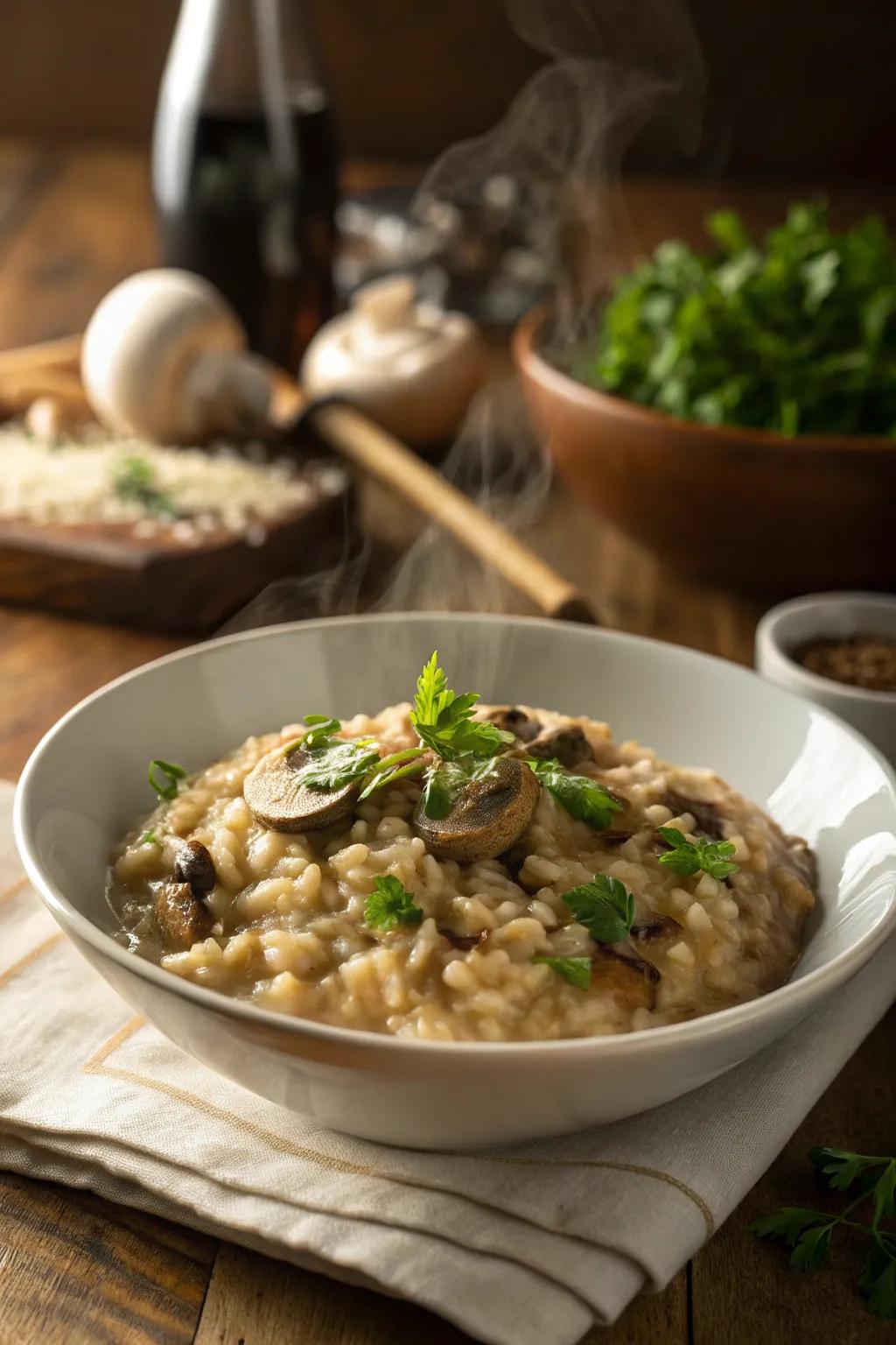 Mushroom risotto, luxurious and creamy for a late-night indulgence.