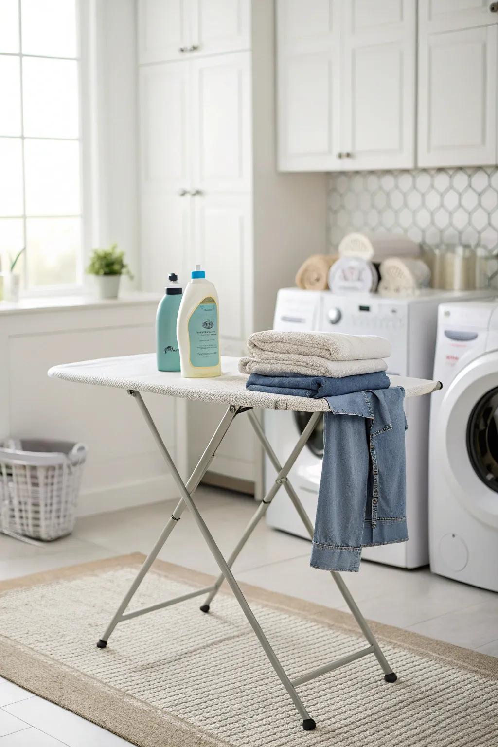 A minimalist table enhances a serene laundry space.