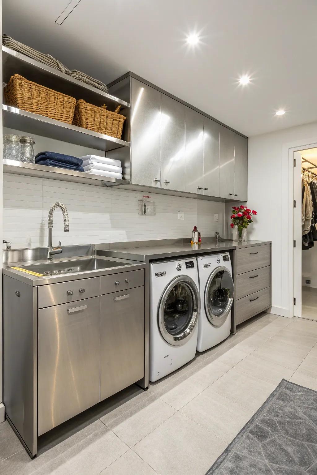 An image of a laundry space with modern steel surfaces.