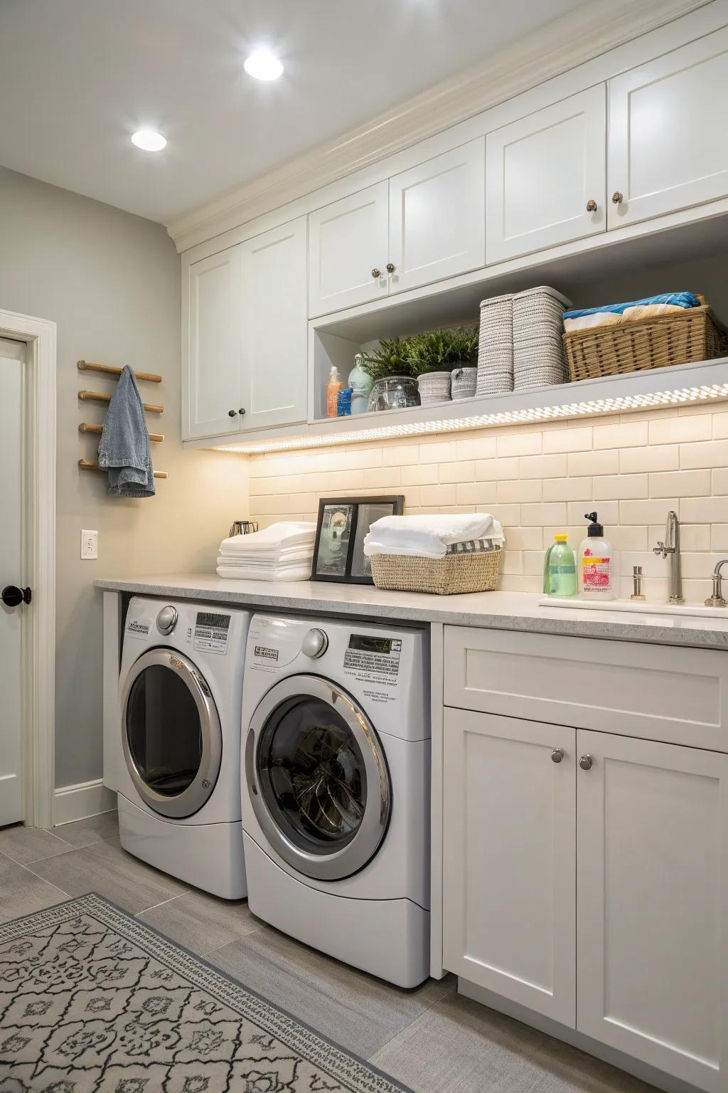 Undercabinet lighting enhances functionality in your laundry area.