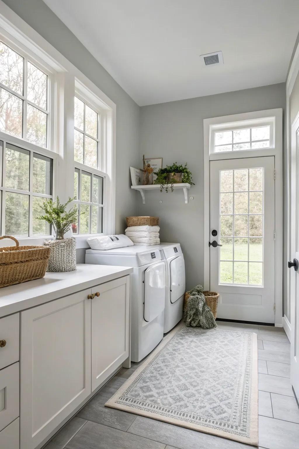 Pale gray adds an ethereal and serene touch to your laundry room.