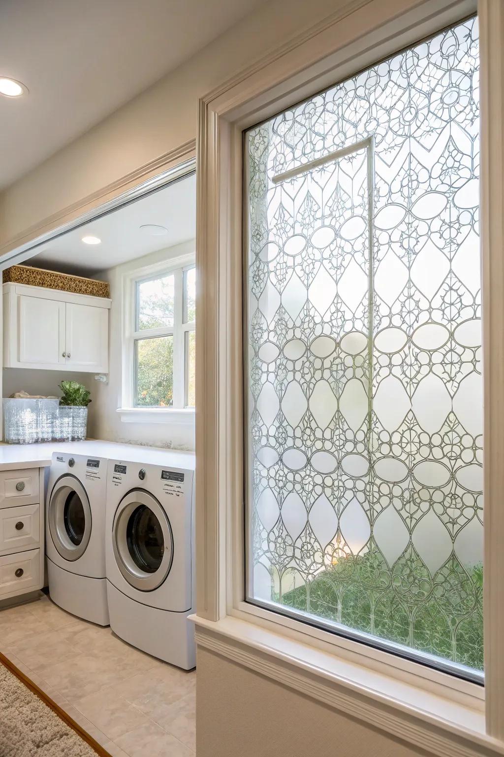 Themed window coating offers privacy and style.