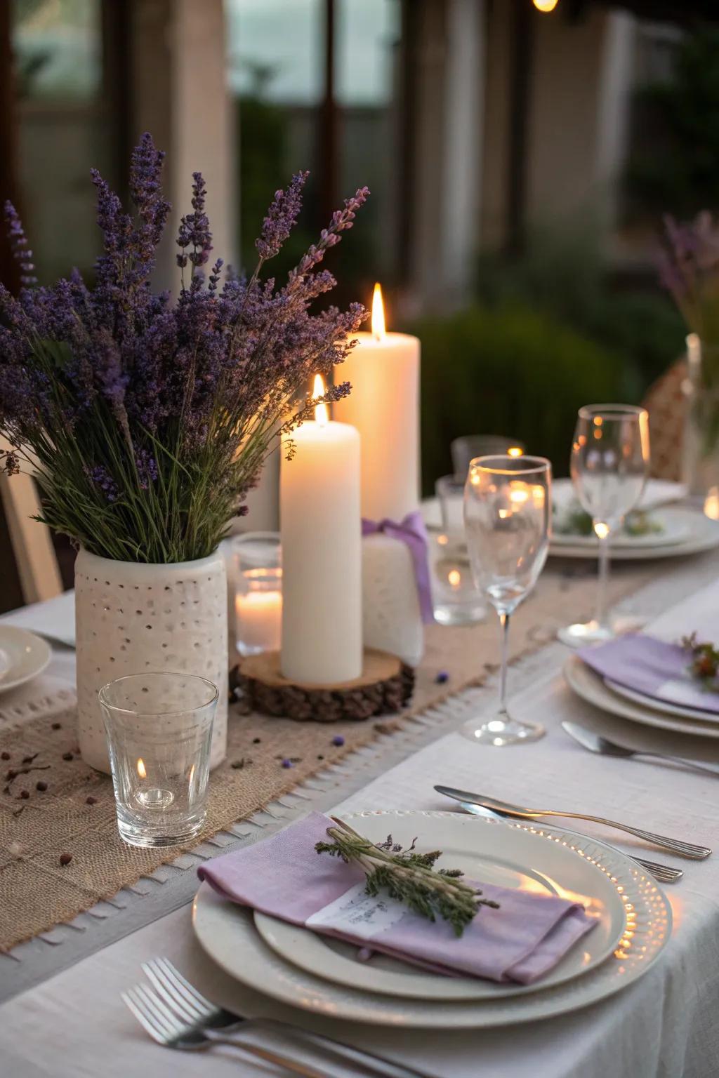 Elegance renewed through a lavender-themed ornamental arrangement.