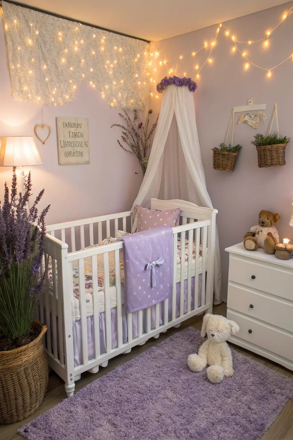A white crib pairs perfectly with lavender tones.