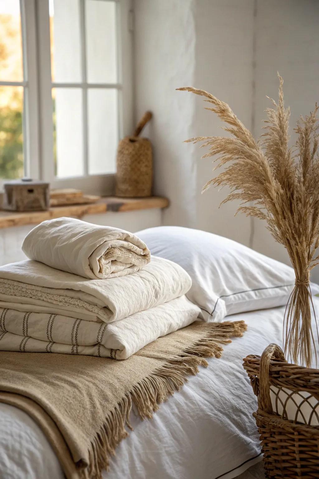 Natural materials in bedding layers creating a serene atmosphere.