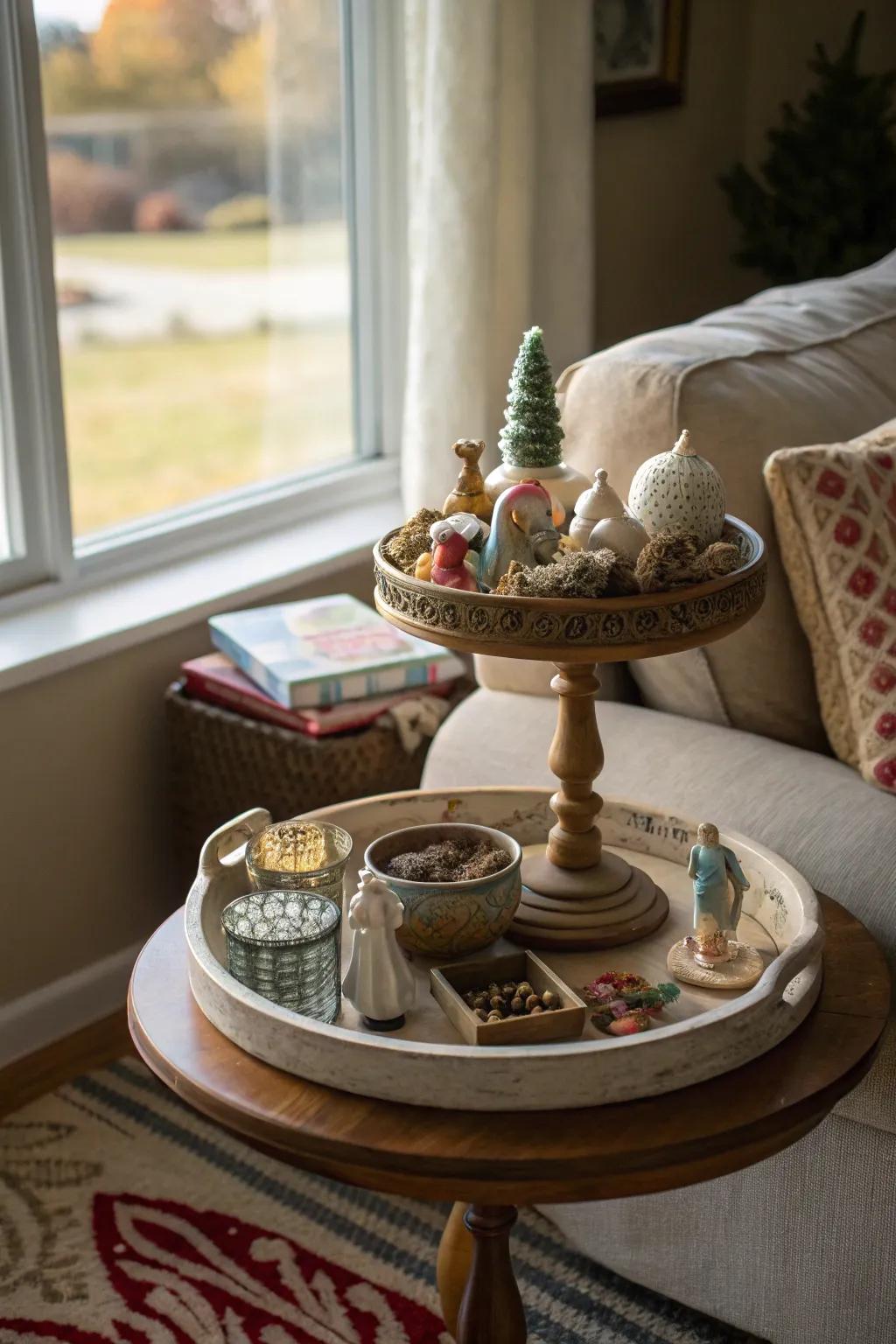 An artistic showcase of sculptures upon a lazy Susan.
