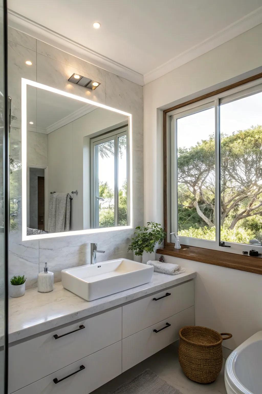 A vibrant washroom showcasing an illuminated reflection aligned to capture inherent illumination.