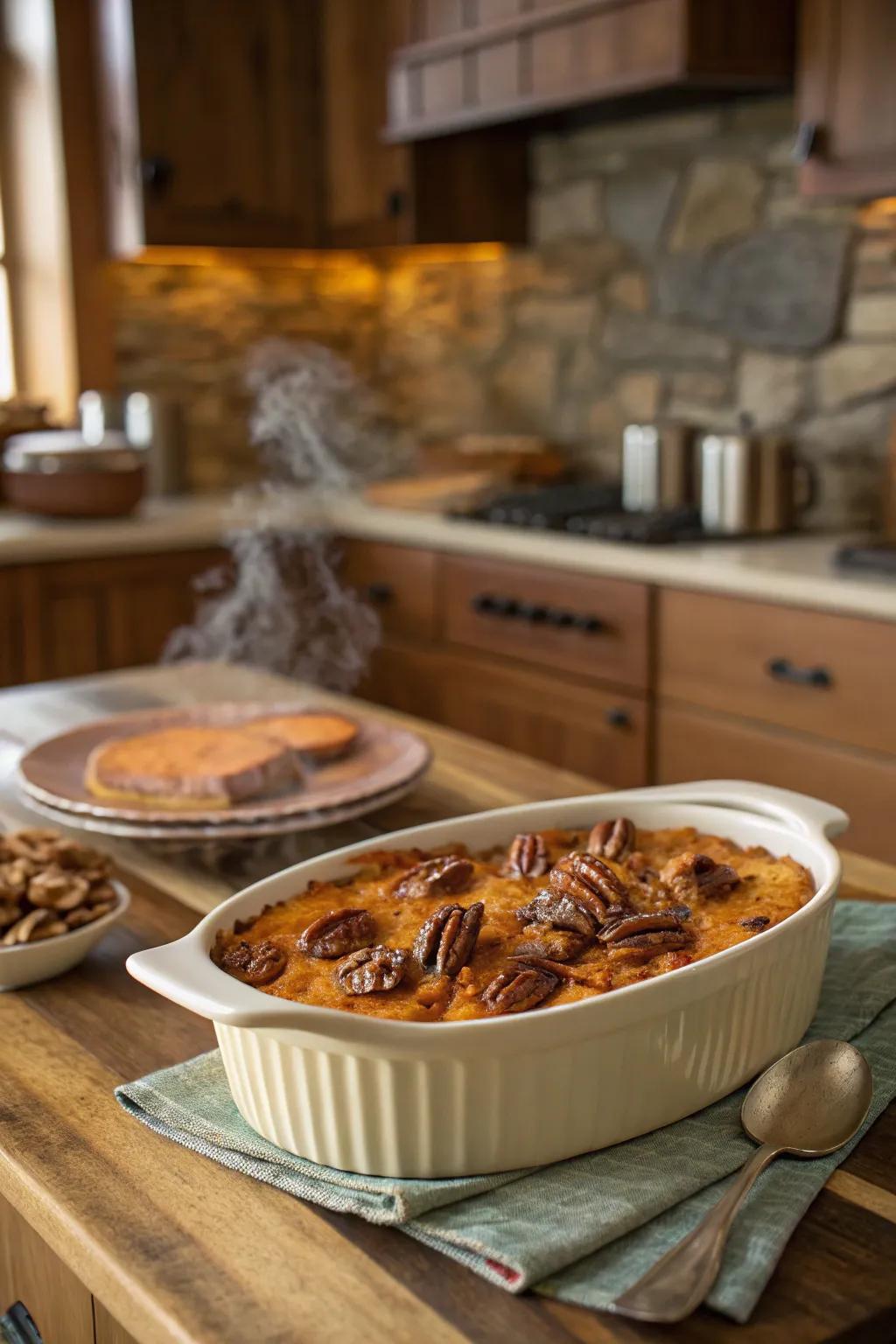 Savory sweet potato turkey casserole delivers a distinct blend of tastes.