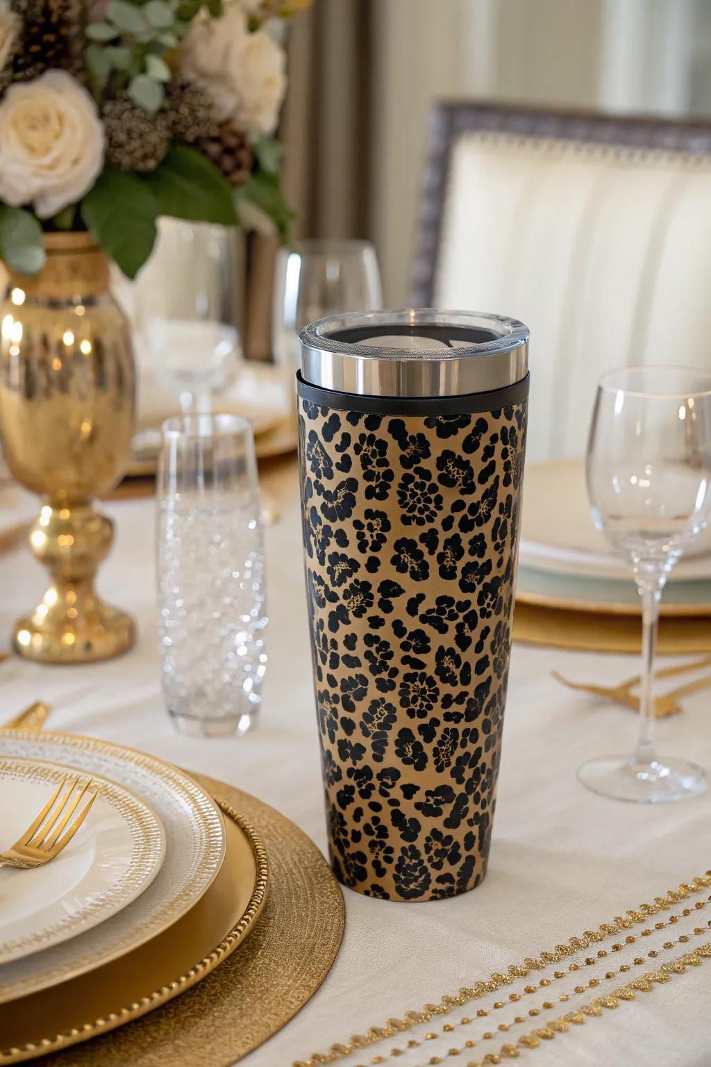 Effortlessly sophisticated ebony and gilded animal spot tumbler for refined social events.