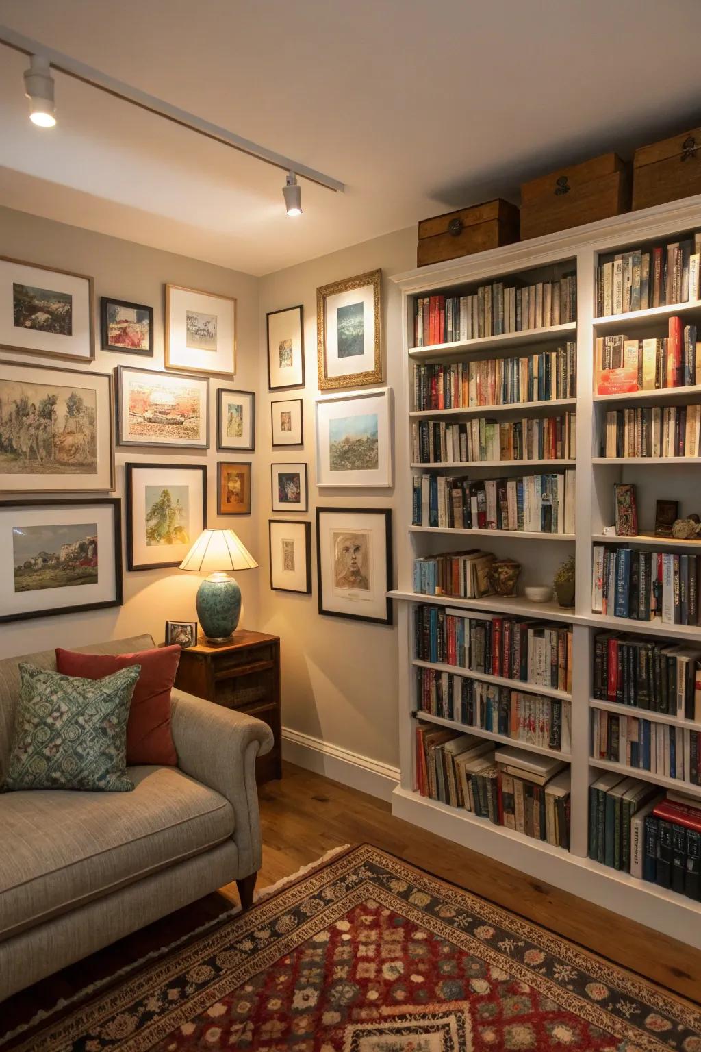 A gallery wall that combines art and literature for a personalized touch.
